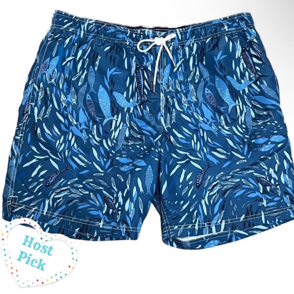 Lands End Men’s Blue Fish Surf Swim Trunks Short Size LG